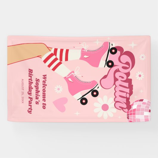 ローラースケートで滑る誕生日パーティービニールバナー 横断幕 (横)