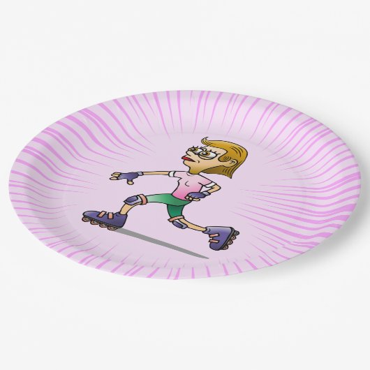 ローラースケートで滑る誕生日パーティーピンク ペーパープレート (アングル)
