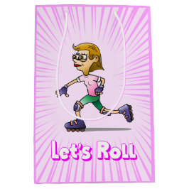 ローラースケートで滑る誕生日パーティーピンク ミディアムペーパーバッグ