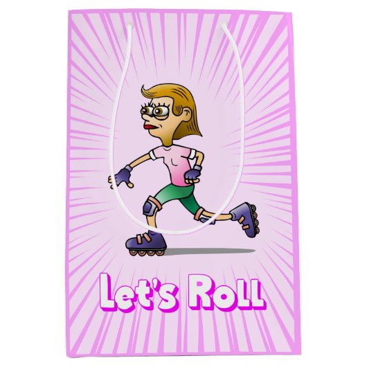 ローラースケートで滑る誕生日パーティーピンク ミディアムペーパーバッグ (正面)