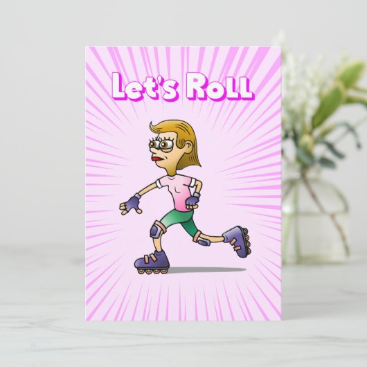 ローラースケートで滑る誕生日パーティーピンク 招待状 (スタンド正面)