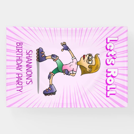 ローラースケートで滑る誕生日パーティーピンク 横断幕 (横)