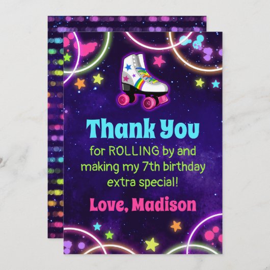ローラースケートで滑る誕生日パーティーフラットサンキューカード サンキューカード (正面/裏面)