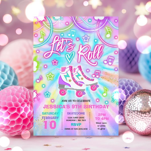 ローラースケートで滑る誕生日パーティー絞り染めグロースケートで滑る 招待状
