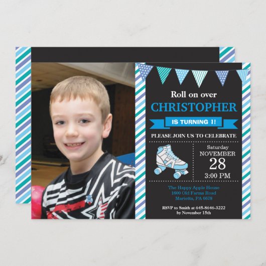 ローラースケートで滑る誕生日招待状誕生会 招待状 (正面/裏面)