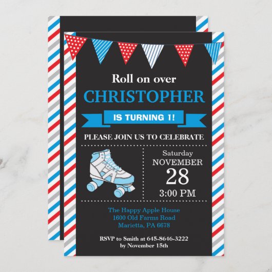 ローラースケートで滑る誕生日招待状誕生会 招待状 (正面/裏面)