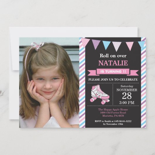 ローラースケートで滑る誕生日招待状誕生日パーティー 招待状 (正面)