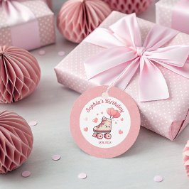 ローラースケートとピンクのハート女の子の誕生日パーティー フェイバータグ