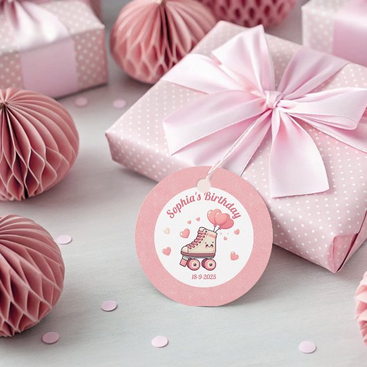 ローラースケートとピンクのハート女の子の誕生日パーティー フェイバータグ