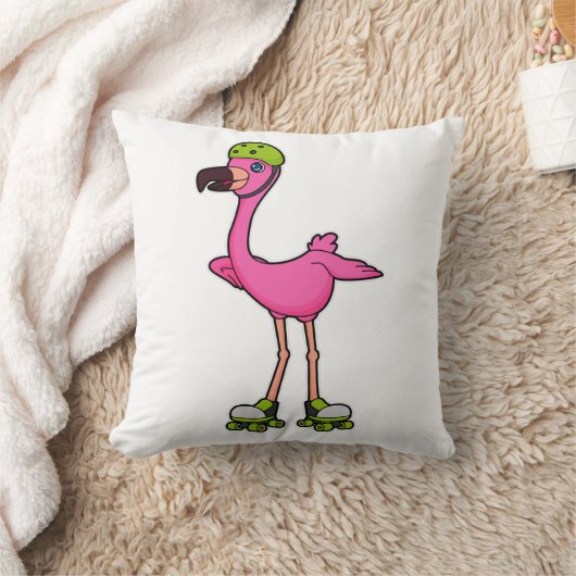 ローラースケートとヘルメット付きスケーターとしてのフラミンゴ クッション (ブランケット)