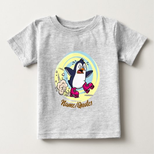 ローラースケートのペンギンのおもしろデザイン ベビーTシャツ (正面)