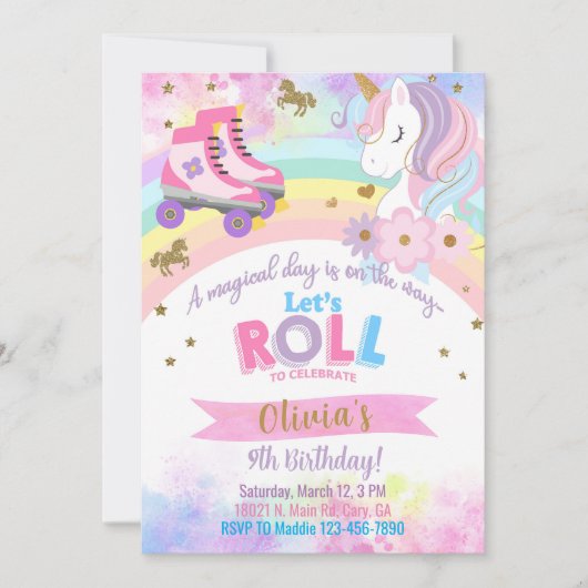ローラースケートのユニコーンの女の子の誕生日招待状。 招待状 (正面)