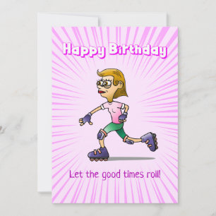 ローラースケートの女の子 ピンクの誕生日 カード