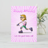 ローラースケートの女の子 ピンクの誕生日 カード (スタンド正面)