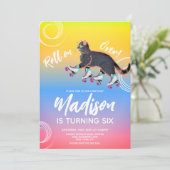 ローラースケートの子猫 黒 虹色 誕生日パーティー 招待状 (スタンド正面)