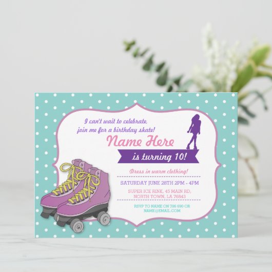 ローラースケートの誕生会のスケートのミントの招待 招待状 (スタンド正面)