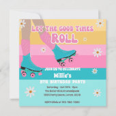 ローラースケートスケートで滑るレトロレインボーバースデーパーティー 招待状 (正面)