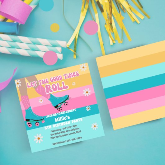 ローラースケートスケートで滑るレトロレインボーバースデーパーティー 招待状