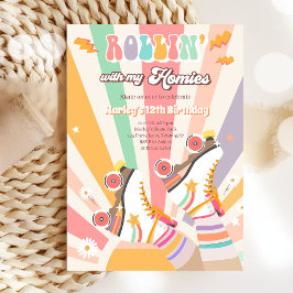 ローラースケートスケートで滑るレトロGroovy誕生日パーティー 招待状