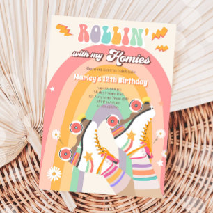ローラースケートスケートで滑るレトロGroovy誕生日パーティーI 招待状