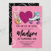 ローラースケートピンクハート誕生日パーティー 招待状 (正面/裏面)