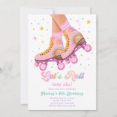ローラースケートレッズ転がスケートで滑るガール誕生日 招待状 (正面)
