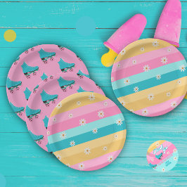 ローラースケートレトロレインボーバースデーパーティー ペーパープレート