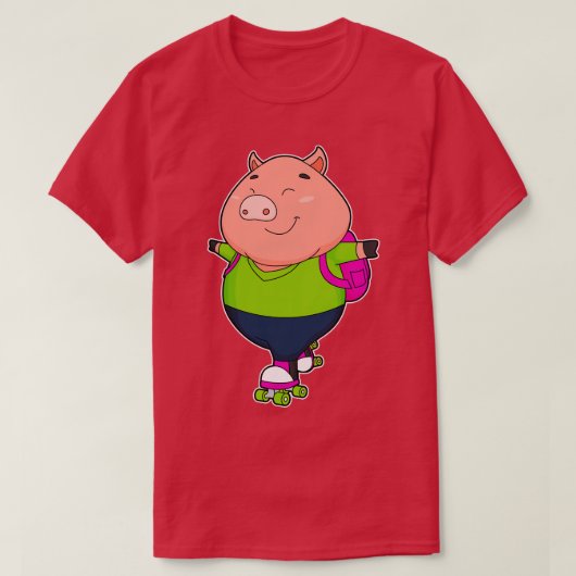 ローラースケート付きインラインスケートで滑るで豚 Tシャツ (デザイン正面)