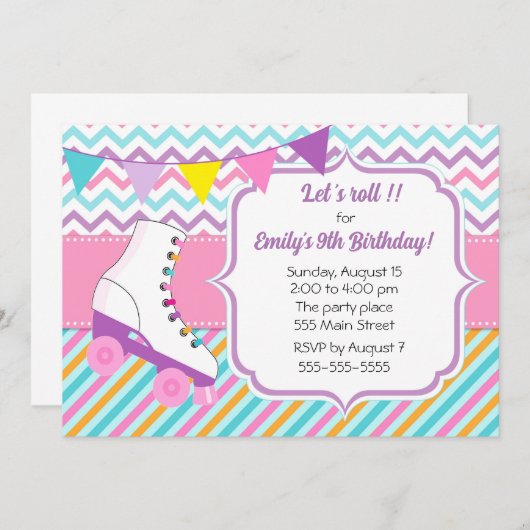 ローラースケート女の子の誕生日の招待ピンクの青 招待状 (正面/裏面)