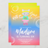 ローラースケート子猫キッズレインボーバースデーパーティー 招待状 (正面/裏面)