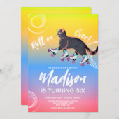 ローラースケート子猫ブラックレインボーバースデーパーティー 招待状 (正面/裏面)