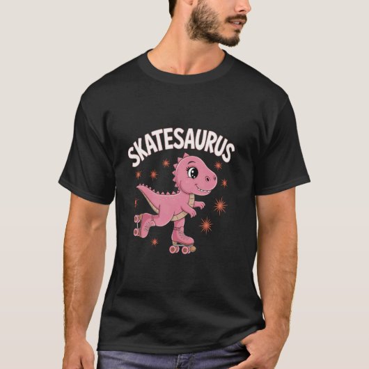 ローラースケート恐竜ティラノサウルススケートダイノおもしろ Tシャツ (正面)