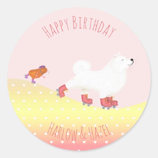 ローラースケート犬とモルモット丸スタンプ ラウンドシール (正面)