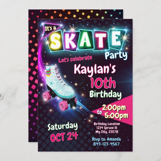 ローラースケート誕生日の招待ガールズ 招待状 (正面/裏面)