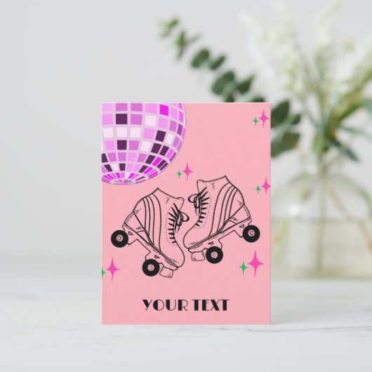 ローラースケート デルビー スケーティング ピンク ディスコ バースデー ポストカード (スタンド正面)