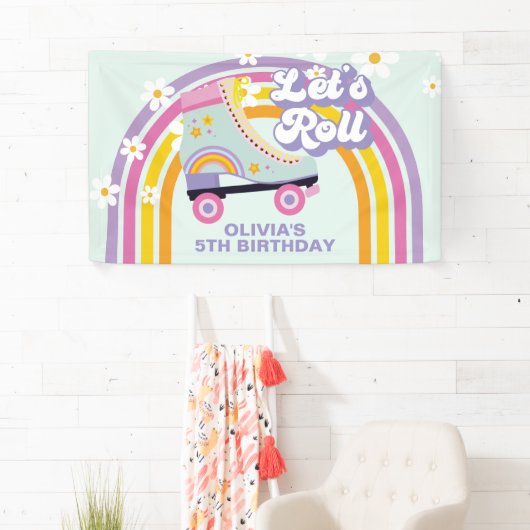 ローラースケート レトロ レインボー 誕生日 横断幕 (インサイチュ)