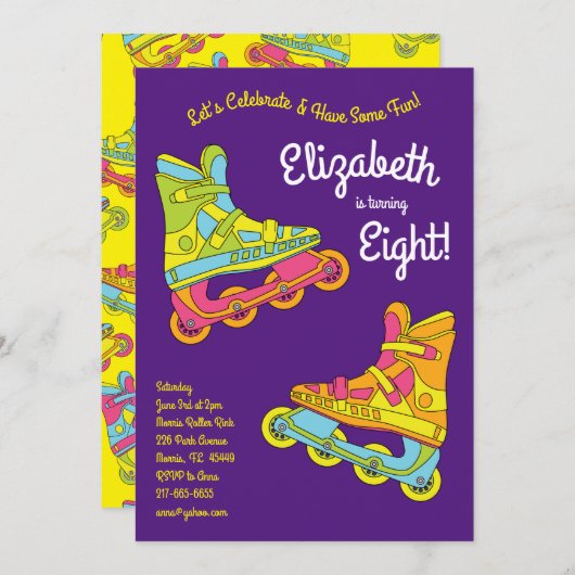 ローラーブレードのスケート子供の誕生日パーティースケートで滑る 招待状 (正面/裏面)