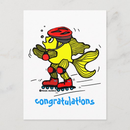 ローラーブレード魚おもしろいスケートで滑る漫画 ポストカード (正面)