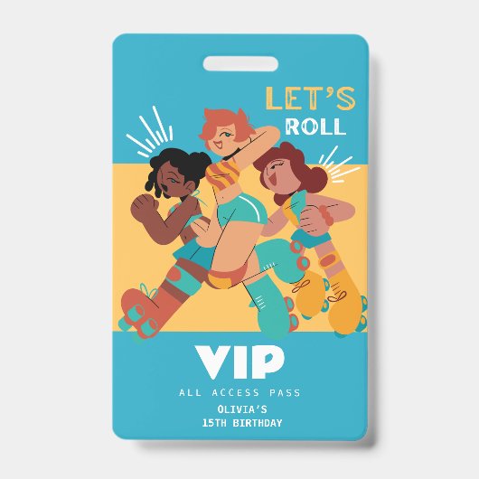 ローラー スケートの女の子の誕生日パーティー招待 VIP バッジ (正面)