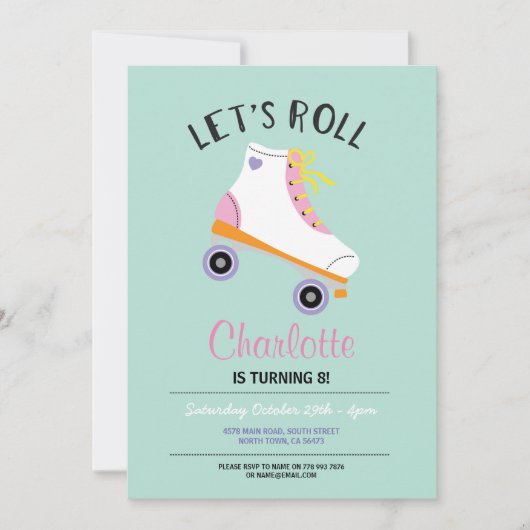 ローラー スケート女子 誕生日パーティー招待状 招待状 (正面)