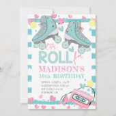 ローラー スケート パステル ブルー ピンク ガール 誕生日 招待状 (正面)