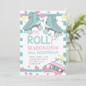 ローラー スケート パステル ブルー ピンク ガール 誕生日 招待状 (スタンド正面)