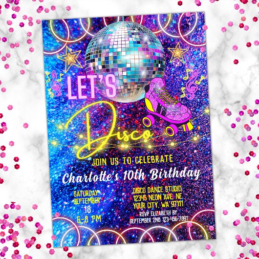 ローラー スケート レッツ ディスコ ブライト ネオン ピンク グロー 招待状