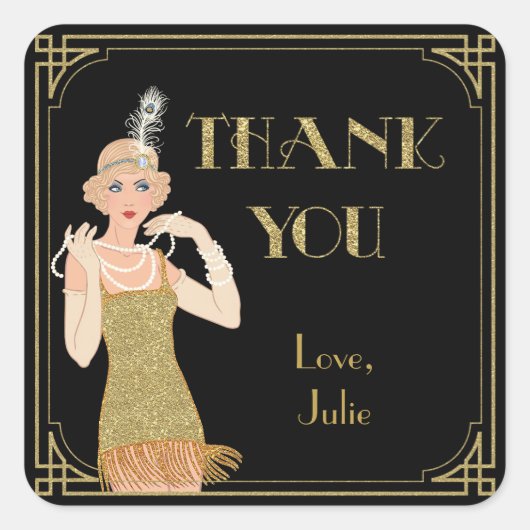 ローリング20ズフラッパー金ゴールドグリッターブラックレトロ スクエアシール (正面)