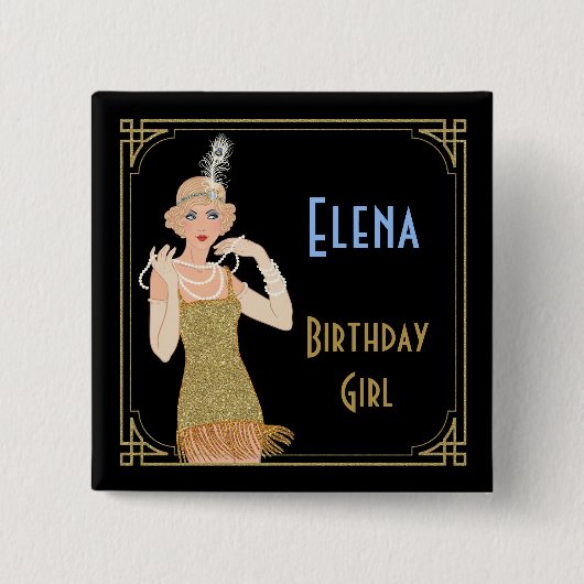 ローリング20ズフラッパー金ゴールドグリッターブラックレトロ 缶バッジ (正面)