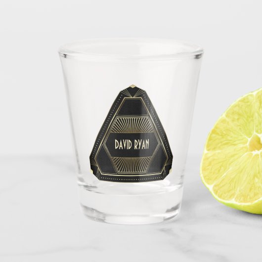 ローリング20s金ゴールドとブラックアールデコモノグラム ショットグラス (正面)