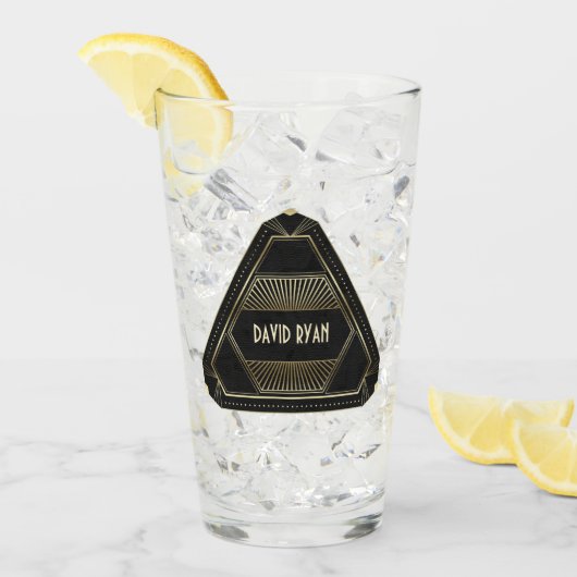 ローリング20s金ゴールドとブラックアールデコモノグラム タンブラーグラス (アイス正面)