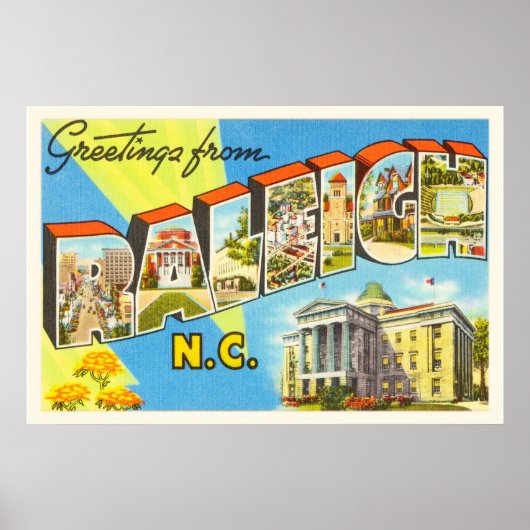 ローリーノースカロライナNCヴィンテージ旅行はがき –  ポスター (正面)