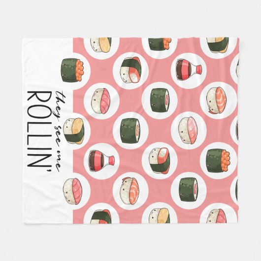 ロールインのかわいいおもしろいすしとド転がットを見る フリースブランケット (正面(横))