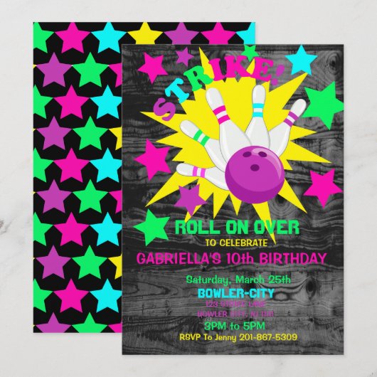 ロールオーバー... STRIKE ボウリング バースデーパーティー 招待状 (正面/裏面)